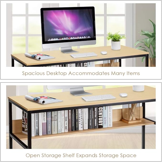 DORTALA 55 Industrial Computer Desk Contemporary Writing Table w/Storage Shelf Large Tabletop Sturdy Metal Structure Adjustable Foot Pads
