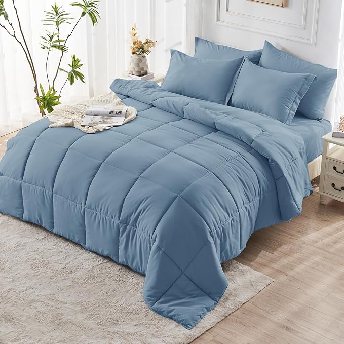 JOLLYVOGUE Twin Comforter Set Ultra-Soft Bed in a Bag Twin Size 5 Pieces Oeko-TEX Certified Bedding Set with Down Alternative Comforter Sheets Pillowcases &amp Shams Dusty Blue