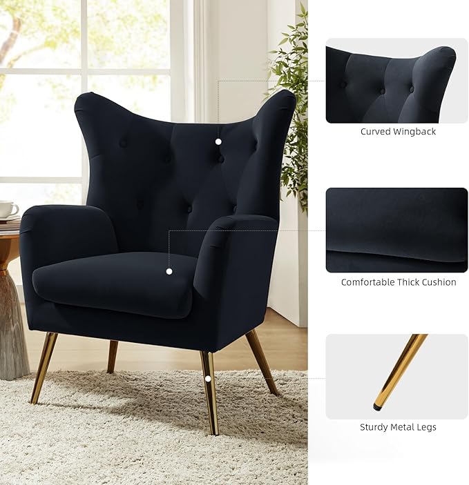 HULALA HOME Velvet Accent Chair Set of 2 Modern Wingback Arm Chair with Metal Gold Legs Velvet Tufted Upholstered for Living Room Bedroom(Black)