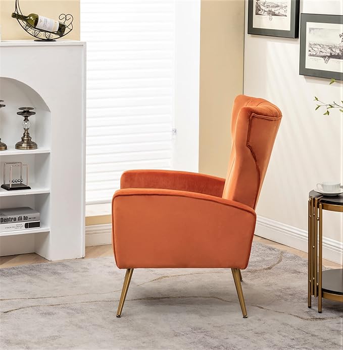 Modern Velvet Accent Chair Channel Tufted Bedroom Office or Living Room Furniture with Elegant Metal Legs 26 Wide Armchair Orange Red