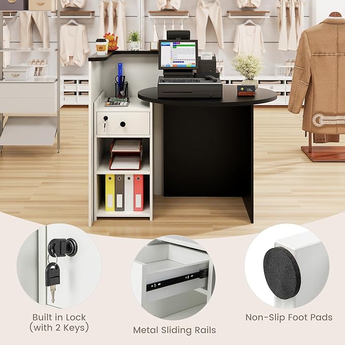 Reception Desk Small Retail Checkout Counter with Lockable Drawer and Open Shelves Wooden Computer Workstation for Home Office Lobby White Oval Desktop &amp Black Counter