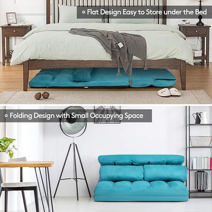 Giantex Adjustable Floor Sofa Foldable Lazy Sofa Sleeper Bed 6-Position Adjustable Suede Cloth Cover Floor Gaming Sofa Couch with 2 Pillows for Bedroom/Living Room/Balcony (Blue)