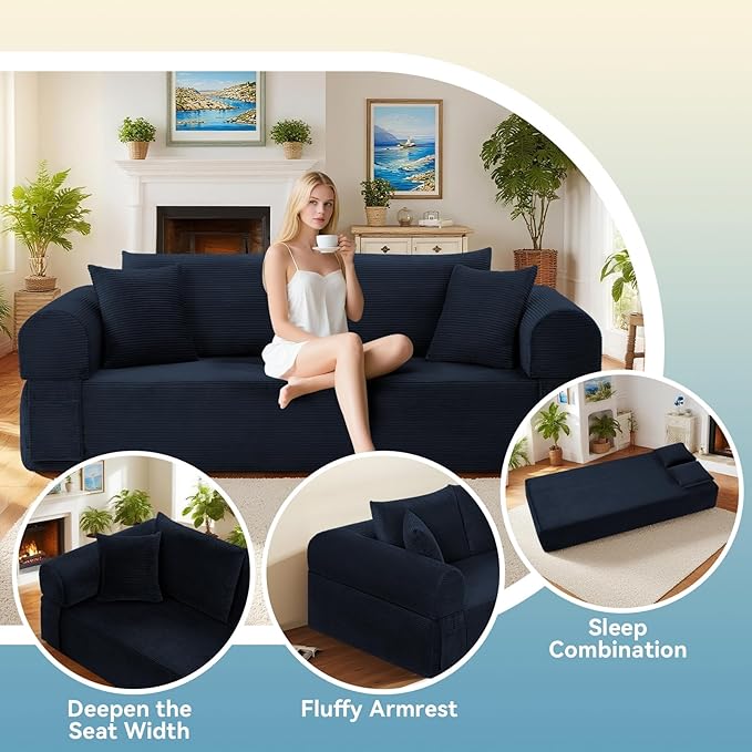 3 Seater Sofa Couch for Living Room (Navy Blue 38 D + 4 Pillows)