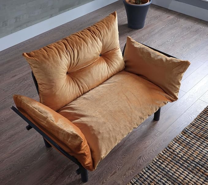 49 Mini Couch with Mattress Included Small Loveseat Sofa Chair for Small Space Oversized Accent Chair and a Half Metal Frame (Mustard)