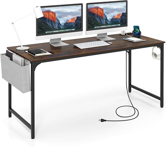 Tangkula 60” Large Computer Desk with Charging Station Modern Simple Study Writing Desk with Storage Bag Headphone Hook Sturdy Metal Frame Home Office Workstation