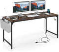 Tangkula 60” Large Computer Desk with Charging Station Modern Simple Study Writing Desk with Storage Bag Headphone Hook Sturdy Metal Frame Home Office Workstation