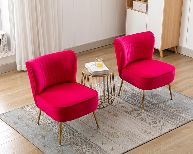 CIMOTA Velvet Accent Chairs Set of 2 Modern Armless Slipper Wingback Single Sofa Side Chair Comfy Corner Chair with Golden Legs for Living Room Bedroom Rose Red
