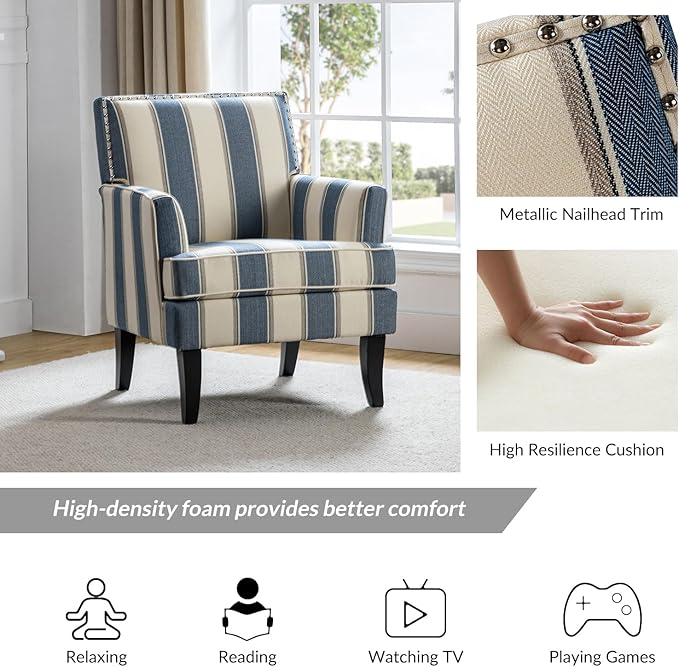 HULALA HOME Modern Accent Chair for Living Room Upholstered Fabric Single Sofa Chair Wingback Armchair with Wooden Legs for Bedroom Office Reading or Waiting Room Stripe Blue