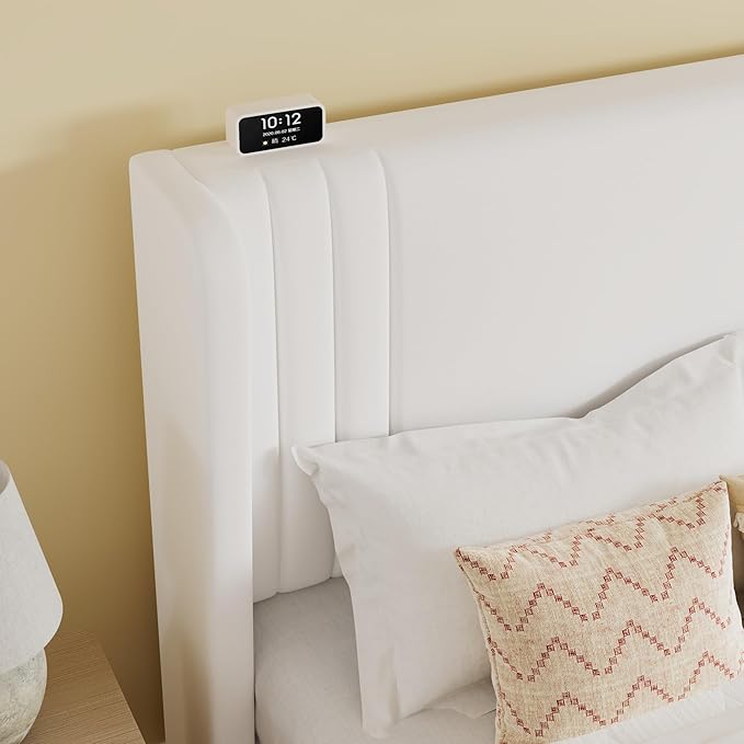 SHA CERLIN King Size Velvet Upholstered Platform Bed Frame with Vertical Channel Tufted Wingback Headboard Wooden Slats Support Easy Assembly Under Bed Storage No Box Spring Required White