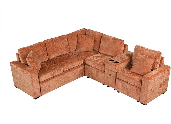 120.5 L-Shaped Convertible Sofa Bed with Pull-Out Bed Chenille Modular Sectional Sofa Reversible Sleeper with Cup Holders and Ample Storage Space for Living Room (Orange-120.5D)