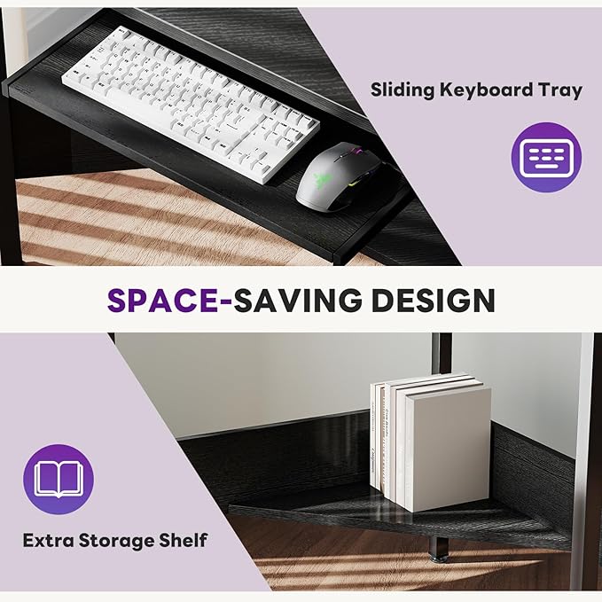 DUMOS Conner Desk Home Office Computer Desk for Small Space with LED Lights Gaming Table with Storage Shelves Power Outlets Monitor Stand Keyboard Tray for Bedroom Black