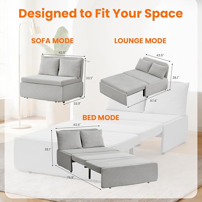 CECER 43.5 Twin Size Pull Out Sofa BedCorduroy Pull Out Couch with Tri-fold Mattress3-in-1 Convertible Sleeper Sofa with Pillows for Small Space/Bedroom/Apartment（Light Grey）