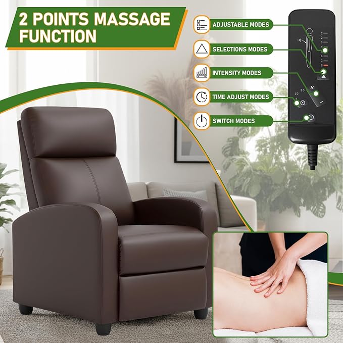 PayLessHere Recliner Chair Single Reclining Sofa Home Theater Seating with Lumbar Support and Padded Backrest for Living Room and Bedroom (Leather Brown-Massage)