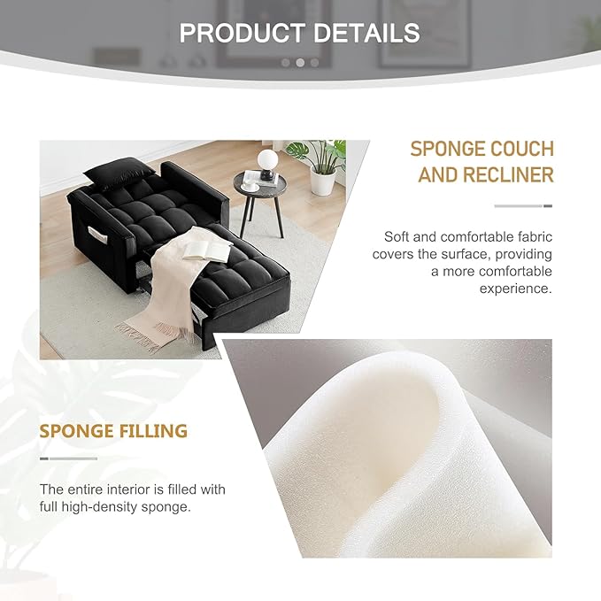 3 In 1 Velvet Convertible Sofa Bed Pull Out Couch Bed with Reclining Backrest And 2 Pillows 54 Full Size Loveseat Sleeper Sofa Futon Couch Bed Couches For Small Spaces Living Room (Black②)