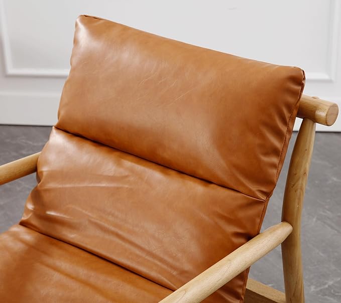 Faux Leather Accent Chair Mid Century Modern Living Room Chairs Comfy Arm Chair with Solid Wood Frame Upholstered Lounge Reading Chair Cozy Recliner for Guest Room/Bedroom Brown 7533AC