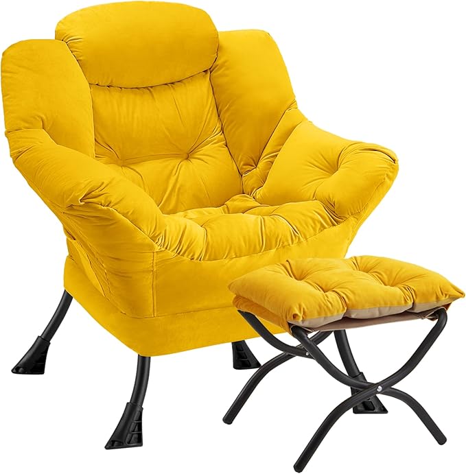 Lazy Chair with Folding Ottoman Modern Large Accent ChairContemporary Lounge Leisure Sofa Chair with Armrests Upholstered Sofa Armchair Reading Chair for BedroomDorm &amp Office (Yellow-f)