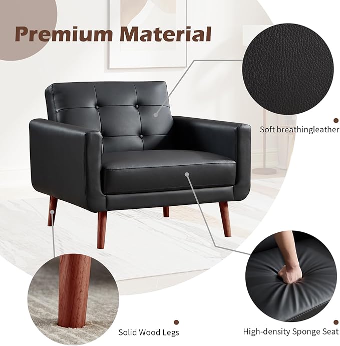 CANMOV 29 W Oversized Leather Accent Chair Armchair Button Back Mid Century Modern Accent Chairs for Living Room Modern Upholstered Bed Room Chair Cozy Armchair with Wood Legs Black