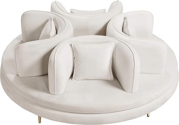 Meridian Furniture 627Cream Circlet Collection Modern | Contemporary Velvet Upholstered Roundabout Sofa with Sturdy Gold Iron Legs Cream 72 W x 72 D x 29 H