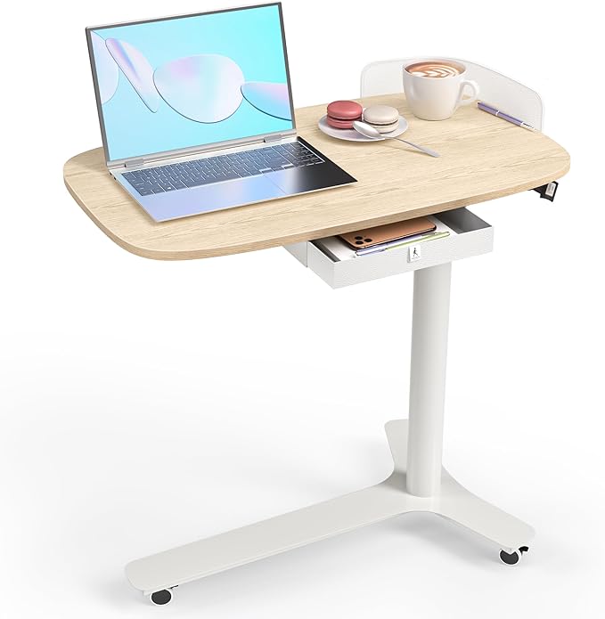 KINGSMITH Rolling Desk Adjustable Height with Drawer and Wheels Portable Small Standing Desk Pneumatic for Home Office Mobile Computer Laptop Desk Cart Medical Sofa Overbed Table Oak