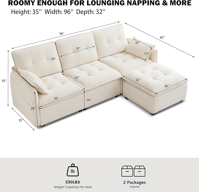 Oversized Modular Sectional Sofa with Ottoman 96.5 Inch 3 Seat Deep Seat Chenille Couch Convertible L Shaped Sofa with Pillows Comfy Seating Couch for Living Room Apartment Office (Cream)