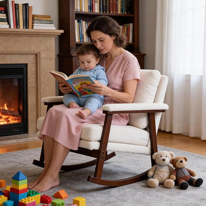 Rocking Chair for Nursery Living Room &amp Bedroom Upholstered Accent Chair with Solid Rubberwood Frame Cozy Reading Chair for Small SpacesWhite