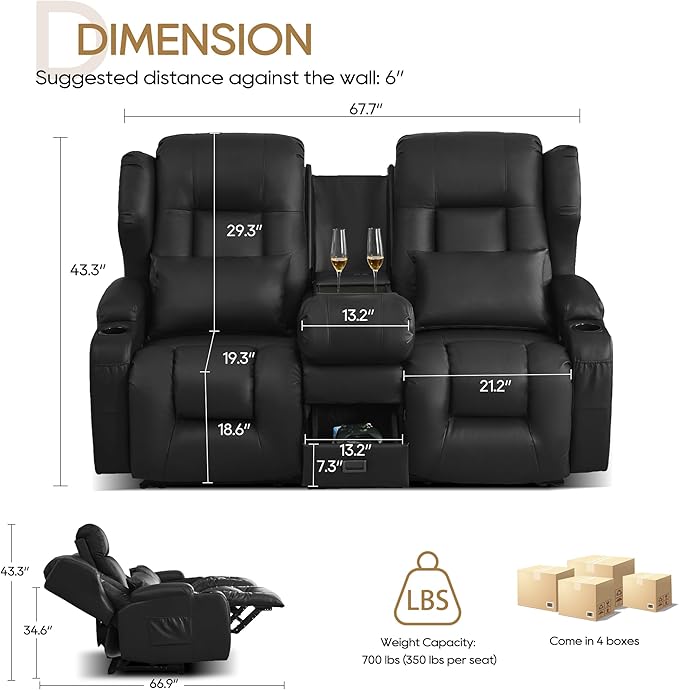 DRMBOOK RV Loveseat Recliner Sofa Double Wall Hugger Reclining Couches Manual Reclinable Movie Seating 2 Person Recliner for Travel Trailer (Leather Black 2 Seater with Reversible Console)