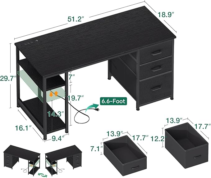 AODK 51 Inch Computer Desk with Fabric Drawers &amp USB Power Outlets Reversible Home Office Desk with Storage Shelves Work from Home Modern Work/Writing/Study Table for Bedroom Black