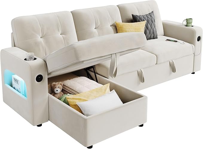 IDEALHOUSE 84 Sleeper Sofa with Storage &amp Charging Station Convertible Sectional Couch Bed with LED Lights Reversible Chaise Pull Out Sofa Bed for Living Room Apartment Velvet Beige