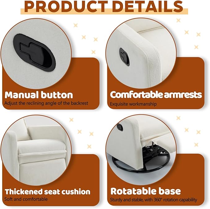 White Swivel Nursery Rocking Chair Manual Glider Recliner with High Backrest for Adults Upholstered Nursery Recliners Chair with Footrest Pedal for Small Spaces Living Room Bedroom (White)
