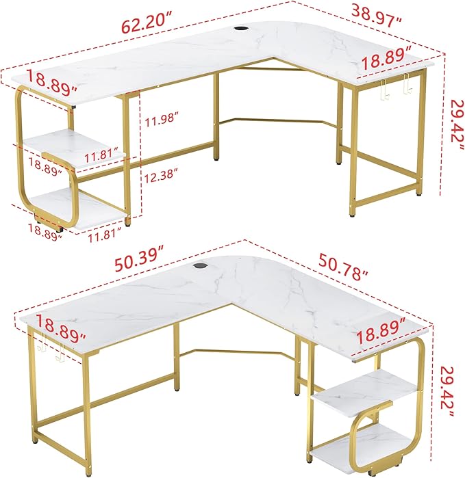 L Shaped Computer Desk with G Shaped Shelves for Home Office Corner Computer Desk for Small Space White Marble and Gold Frame