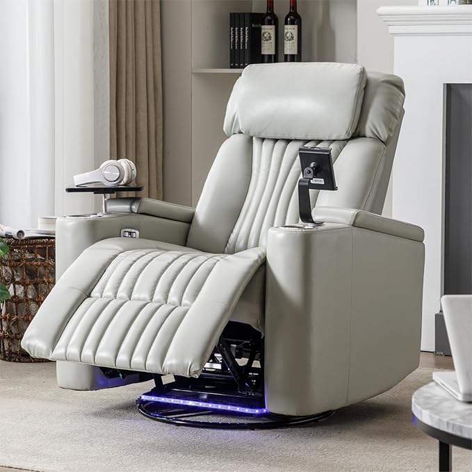 Power Swivel Glider Recliner for Nursery Home Theater Seating with Hidden Arm Storage LED Light Strip Cup Holder Tray Table Cell Phone Holder for Living Room