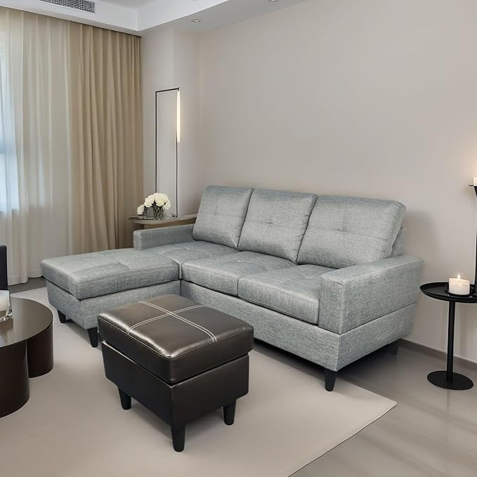 FONTOI L Shaped Sofa with Ottoman Modern Faux Leather Couch with Chaise 3 Seat Living Room Sofa Set with Solid Wood for Home Apartment Study Room Brown Grey