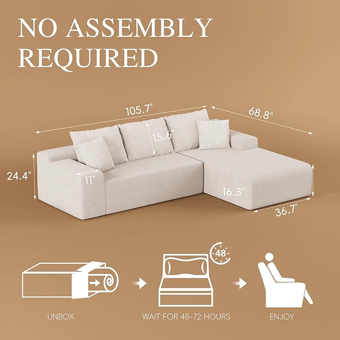 NAYA 106” Modular Sectional Sofa Cloud Sectional Couch with Deep Seat Modern Modular L-Shape Sofa Boneless Couch with Chaise for Living Room Bedroom (Beige Right Facing Chaise)