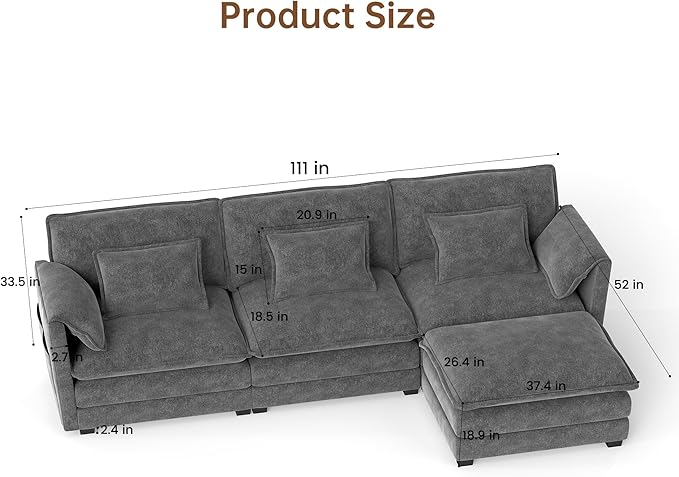 Modular Sectional Sofa 111'' L Shaped Couch Chenille Sofa with Movable Ottoman for Apartments Living Room and Commercial Space Dark Gray