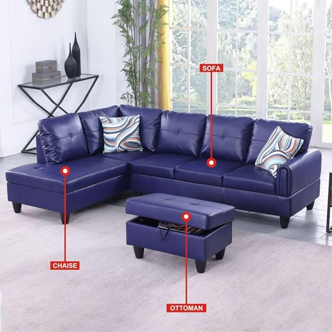 Blue L-Shaped 3-Piece Faux Leather Sofa with Storage Ottoman Set Sectional Couch Sofa Set for Living Room Office Small Space