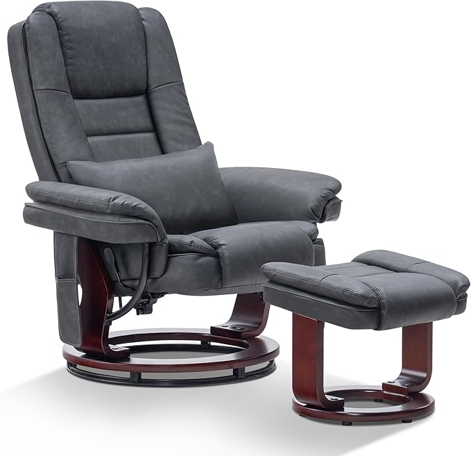 MCombo Swivel Recliner with Ottoman Chair TV Chair Sets with Vibration Massage for Small Space Living Room Bedroom 9096 9099 (Faux Leather Dark Grey)