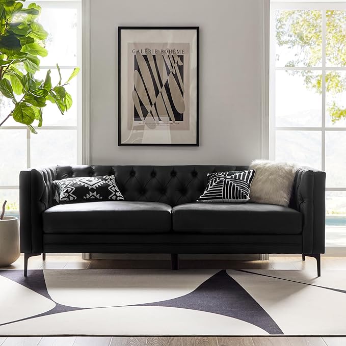 HULALA HOME 84 W Faux Leather Sofa Couch with Metal Legs Button-Tufted 3-Seater Sofa Mid Century Modern Contemporary Upholstered Couch for Living Room Apartment Charcoal