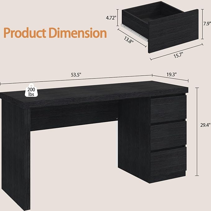 Desk with Drawers Black Computer Desk Table with 3 Drawer Large Space Writing Desk with Drawers for Home Office Modern Simple Design 53.3 Inch