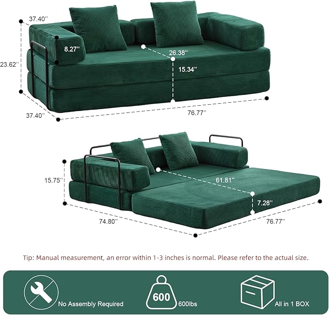 Convertible Sleeper Sofa Bed Compression Folding Sofa with Pillow No Assembly Required Shape Frame Floor Sofas Lounge Couch for Living Room Bedroom Small Spaces(Corduroy 77''W Dark Green)