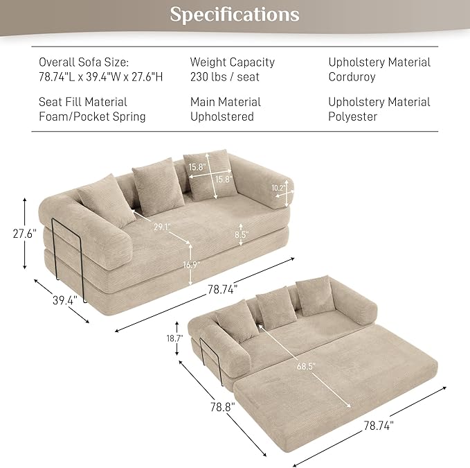 Convertible Sofa Bed Corduroy Memory Foam Compression Sofa Modular Floor Sofa with Pull-Out Bed Compressed Couch in Box Folding Sleeper Couches Bed for Living Room Bedroom Lounge Light Brown