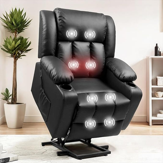 FLEXISPOT XL31 Power Lift Recliner Chair for Elderly Electric Lift Chair with Massage &amp Heat PU Leather Reclining Sofa w/Cup Holders Side Pockets for Living Room Bedroom(Medium SizeBlack)