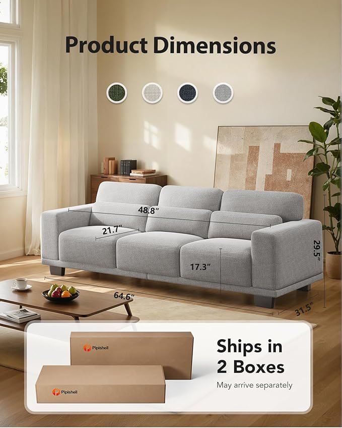 Pipishell 3 Seater Couch Sofas for Living Room with Deep Seats and Wide Armrests 89 Comfy 3 Seater Sofa Supportive with Thickened Cushion Cotton-Linen Couches Removable &amp Washable Covers Gr