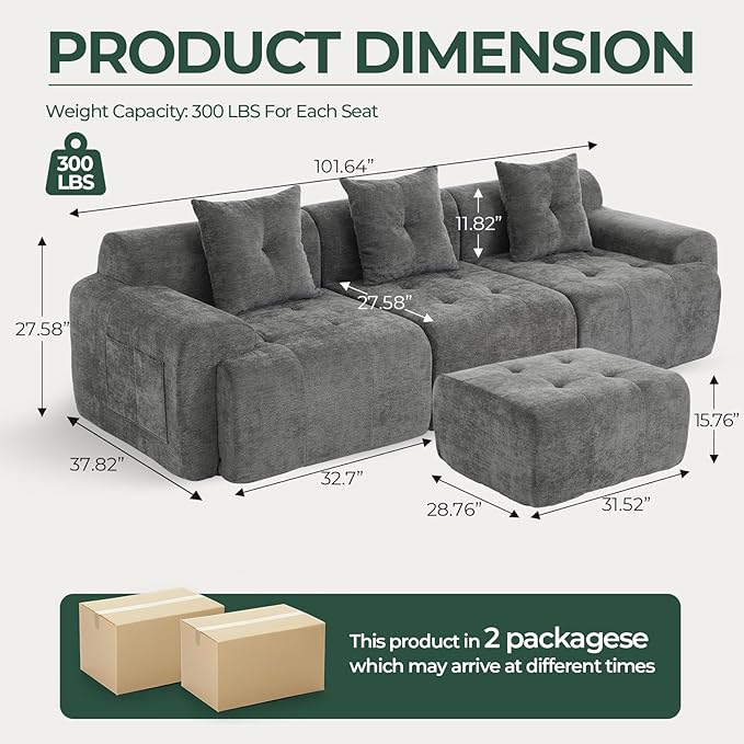 101.65” Modular Sectional Couch for Living Room Modren L-Shape Cloud Sectional 3-Seater Sofa with Movable Ottoman Woven Texture Upholstery Boneless Couch No Assembly Grey
