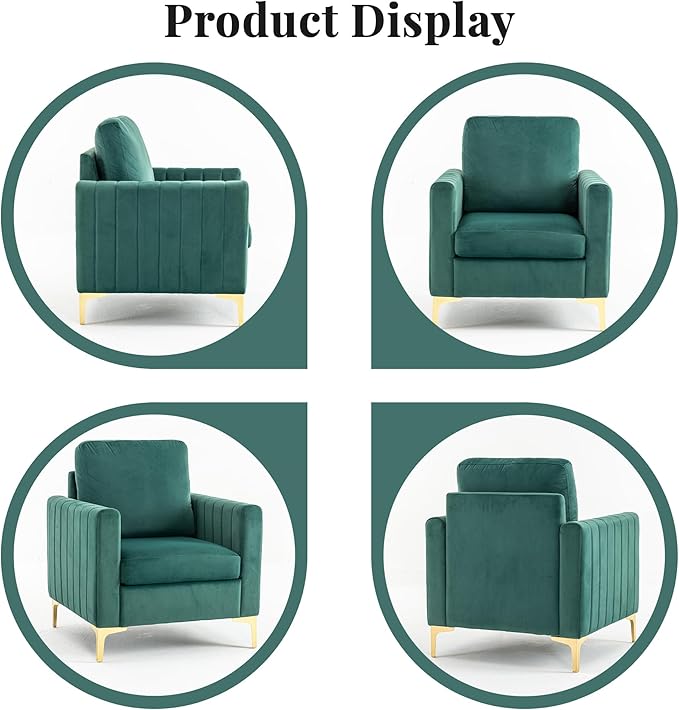 Modern Velvet Accent Chair for Living Room &amp Bedroom Comfy Reading Armchair with Gold Metal Legs (1 Green)