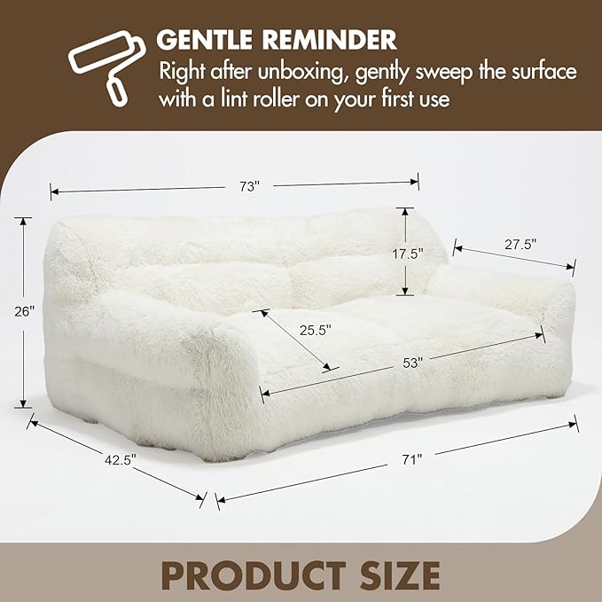 White Compressed Couch 70 2-Seater Fluffy Faux Fur Boneless Loveseat Sofa with Memory Foam for Living Rooms Bedrooms Apartments No Assembly Required | Plush faux fur Memory foam comfort Zero as