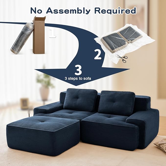 80 Modern Blue Corduroy Modular Boneless Sectional Couches for Living Room 2 Seater Deep Seat Compressed Sofa No Assembly Memory Foam Cloud Comfy Loveseat Couches with 1 Ottoman L Shaped