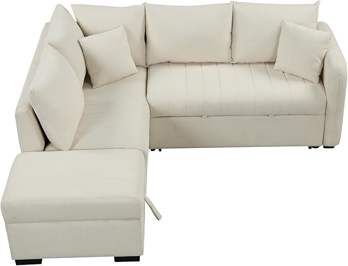 LUMISOL 82.6 Convertible Sleeper Sofa Bed with Storage Ottoman L-Shaped Sectional Sofa with Charging Stations Pull Out Sofa Couch with Chaise for Living Room Apartment Beige
