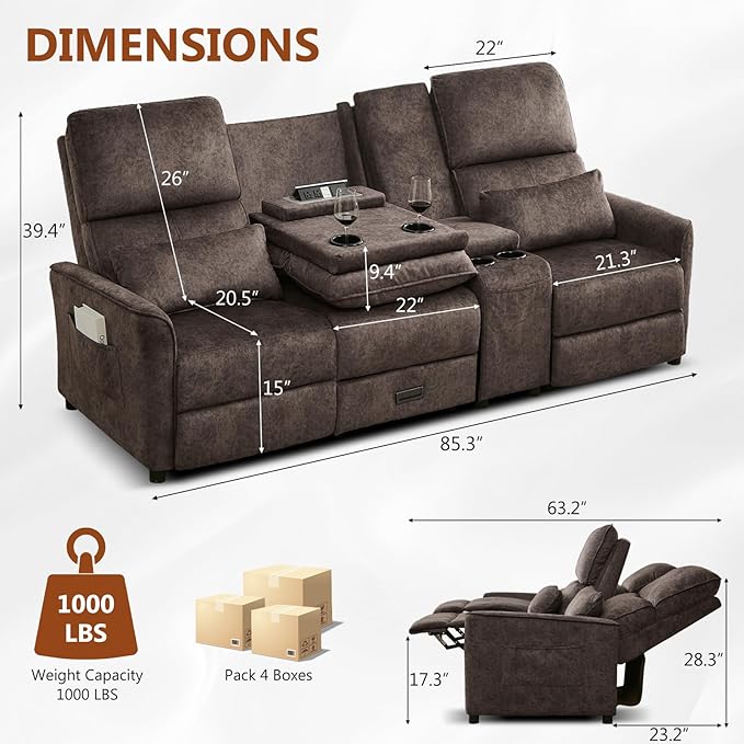 Reclining Loveseat Sofa 3 Seat Manual Recliner Couch with Flip Middle Backrest Console Wall Hugger Storage Drawer &amp Cup Holder for RV &amp Living Room Seating (Brown 3 seat &amp Console)