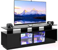 70 Inch Black TV Stand with LED Lights Power Strips and USB Charging Station for Mobile Phones Transparent Glass Door Storage Cabinet Entertainment Center with Large Storage Space