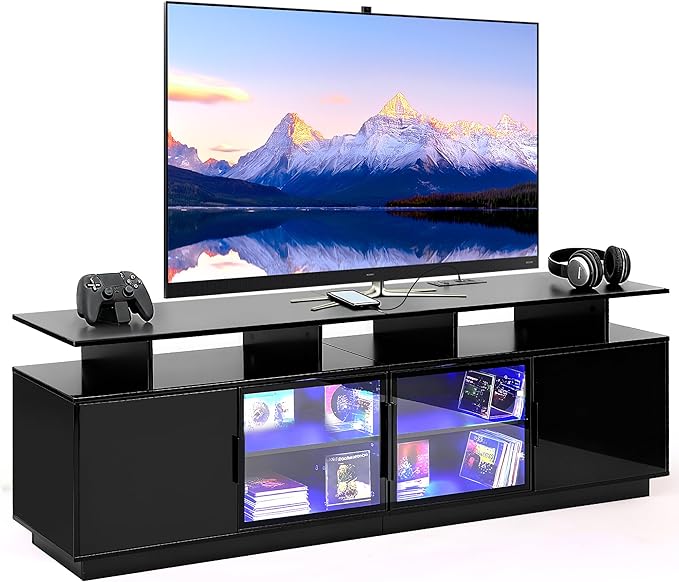 70 Inch Black TV Stand with LED Lights Power Strips and USB Charging Station for Mobile Phones Transparent Glass Door Storage Cabinet Entertainment Center with Large Storage Space